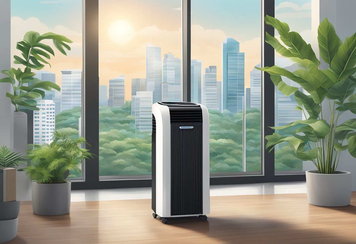 A modern air cooler sits in a sleek Singaporean office, surrounded by tropical plants and a bustling cityscape visible through the window