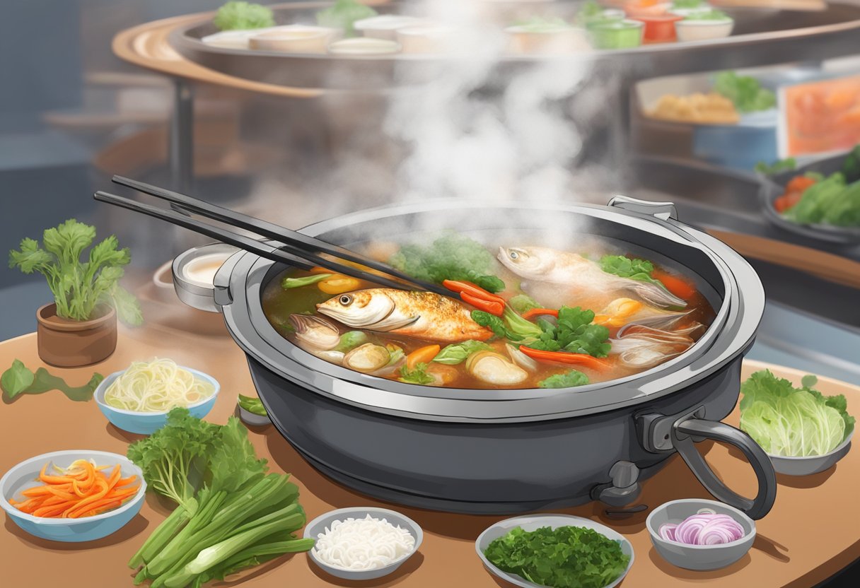 A steaming fish head steamboat bubbling with spicy broth and filled with fresh vegetables and aromatic herbs, served in a traditional Singaporean hawker center