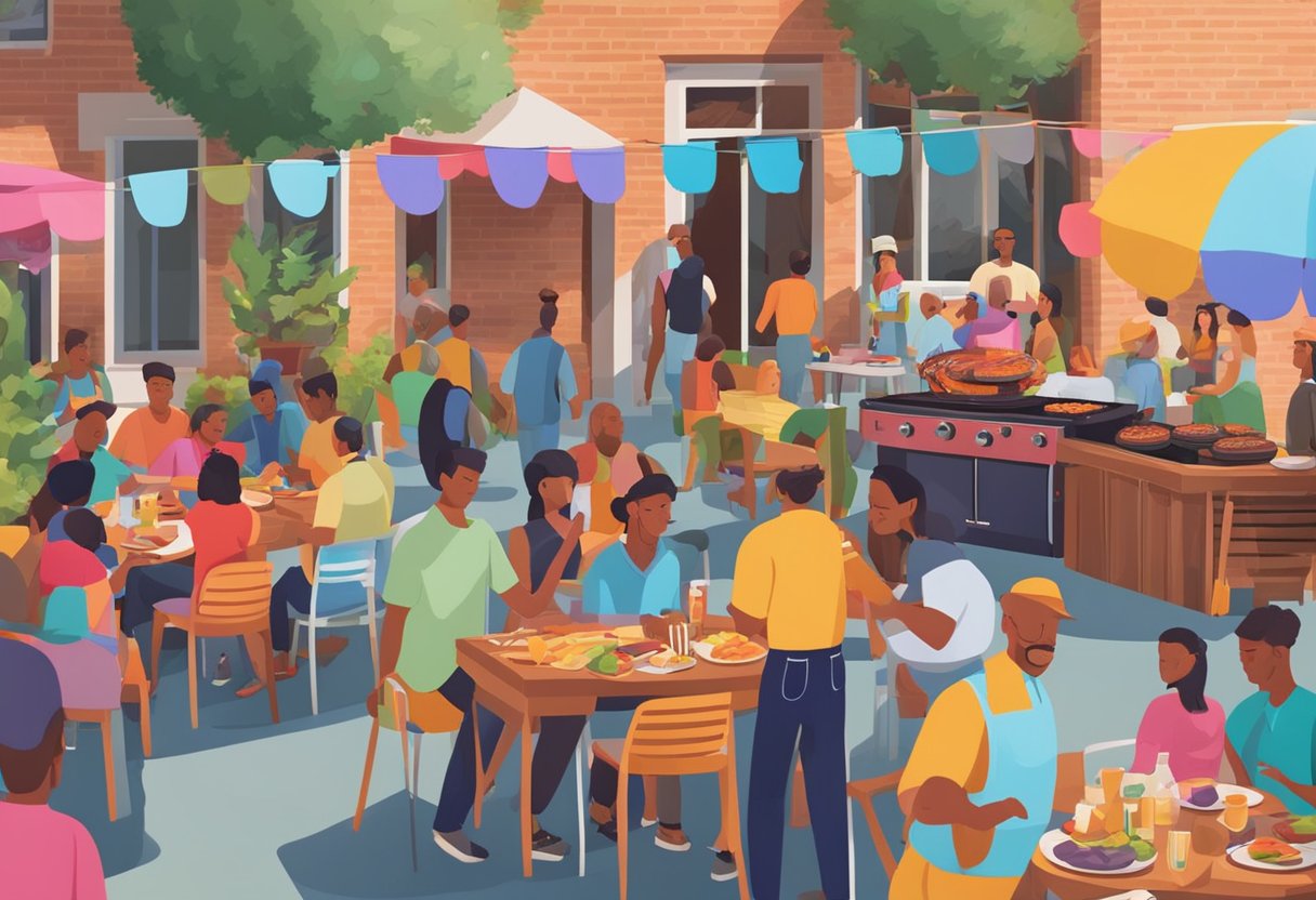 A colorful outdoor BBQ setup with a sizzling grill, tables with food, and people mingling in a lively atmosphere