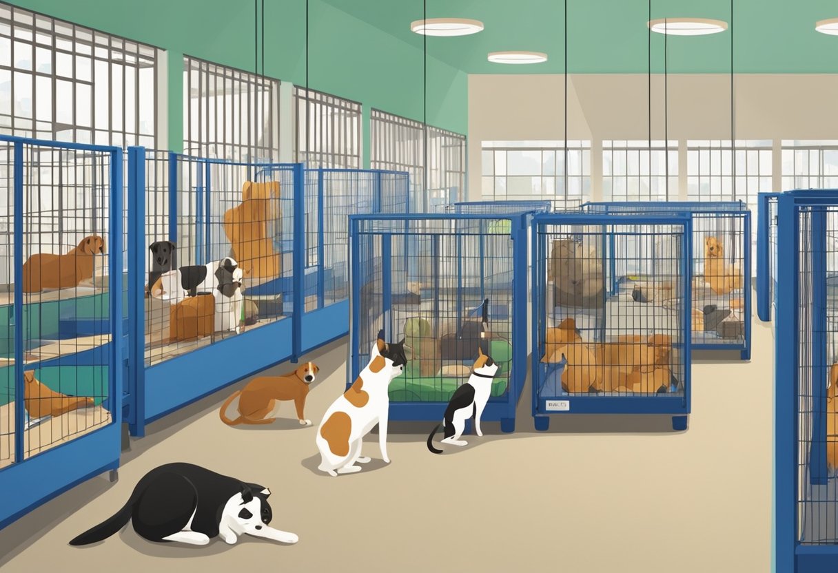 Dogs and cats roam in spacious enclosures at the animal shelter in Singapore. Volunteers play with the animals, while others rest in cozy beds