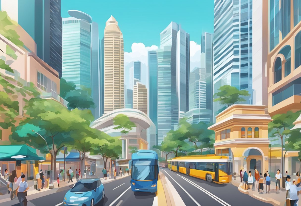 A bustling cityscape with modern skyscrapers and vibrant street life in the heart of Singapore