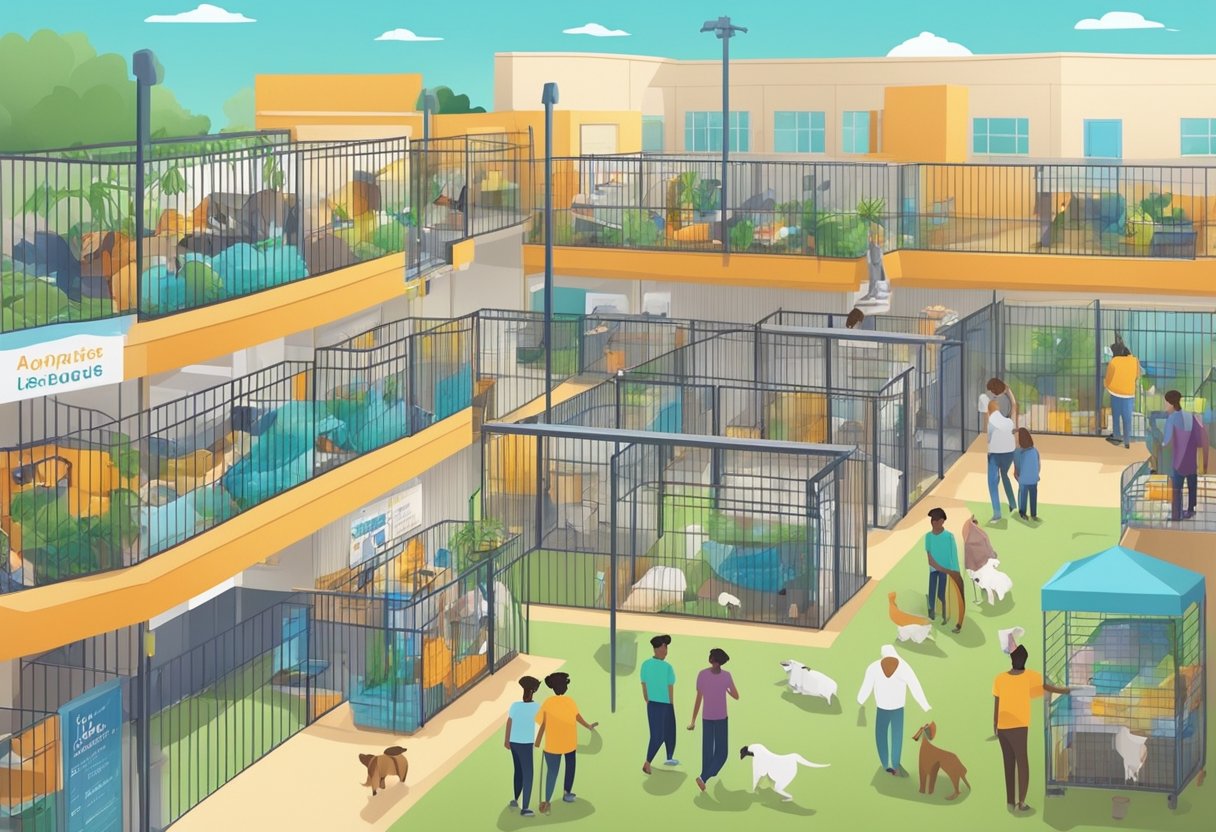 Animals in cages, volunteers caring for them, colorful signs with adoption info, and a clean, organized space
