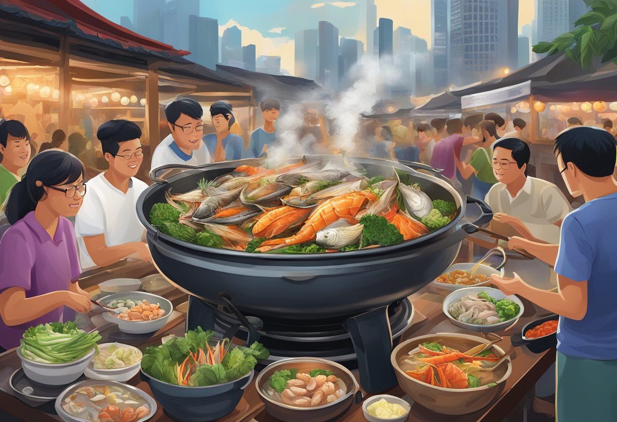 A bubbling cauldron of fish head steamboat surrounded by fresh seafood, vegetables, and aromatic herbs, set against a backdrop of bustling hawker stalls in Singapore
