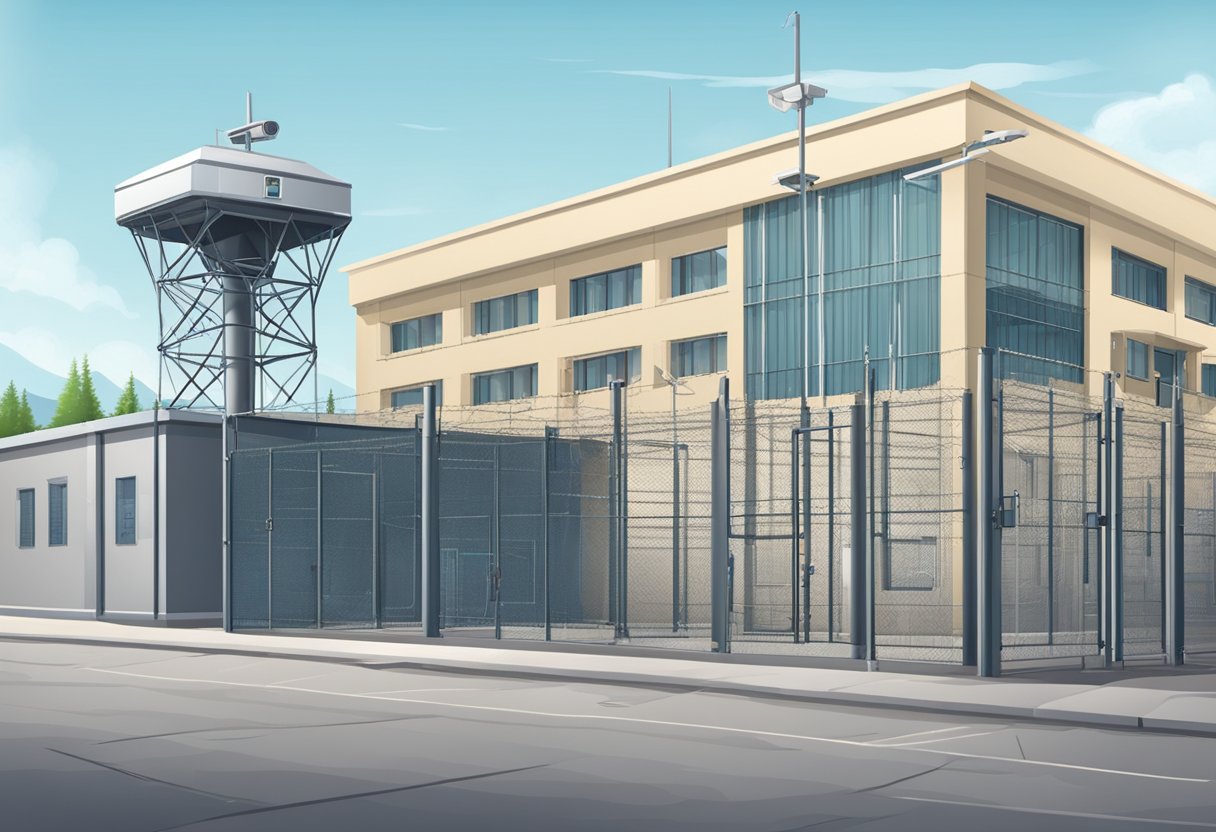 A high-security building with barbed wire fences and surveillance cameras. A guard post at the entrance and strict access control measures in place
