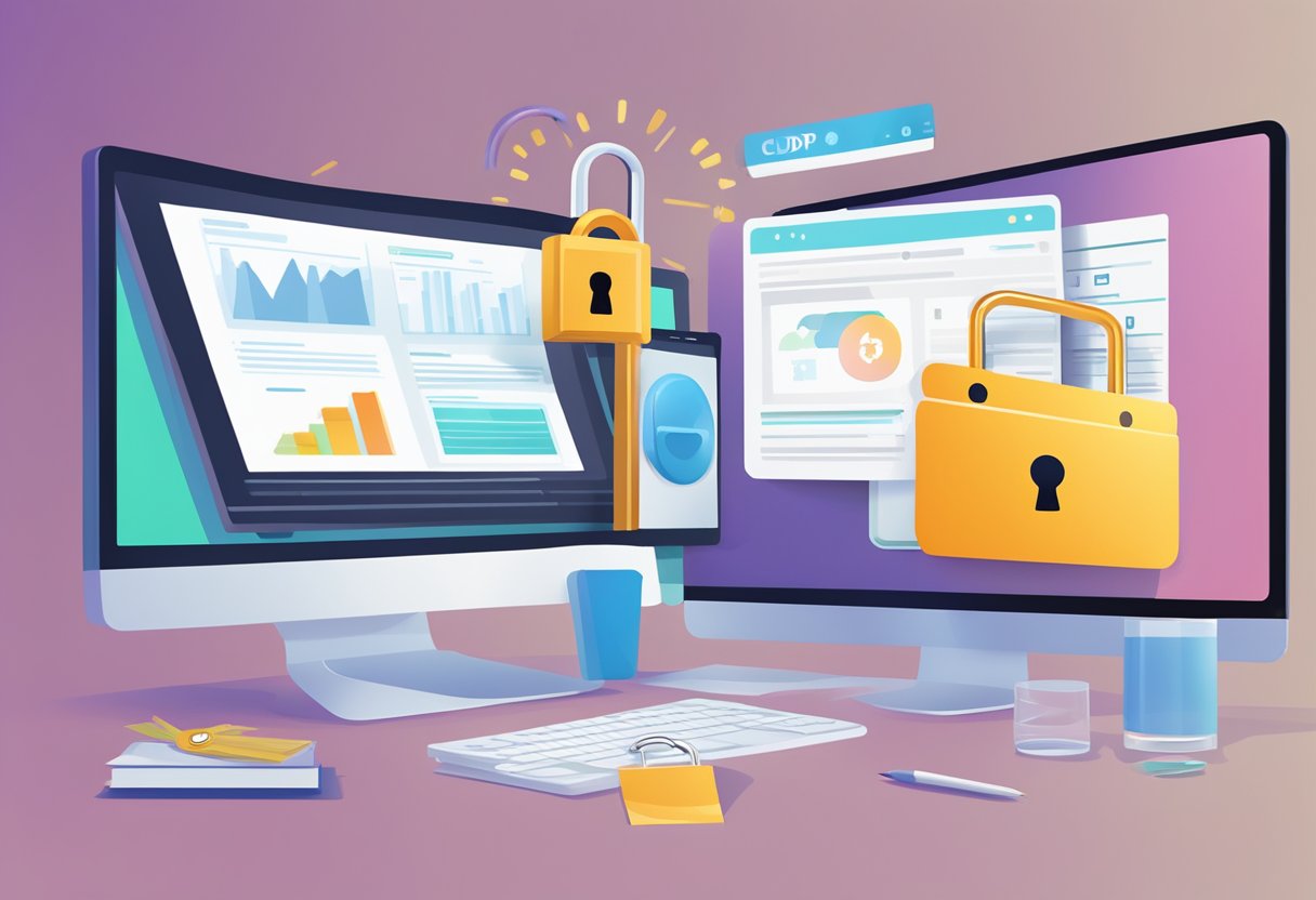 A computer screen displays the CDP website with a user logging in, surrounded by financial documents and a secure lock symbol
