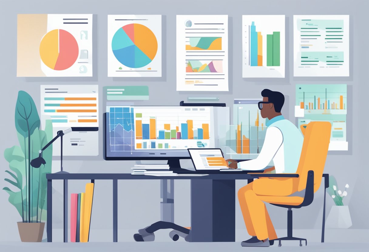 A person sitting at a desk, using a computer to access a CDP account. Documents and financial charts are spread out, indicating research and analysis