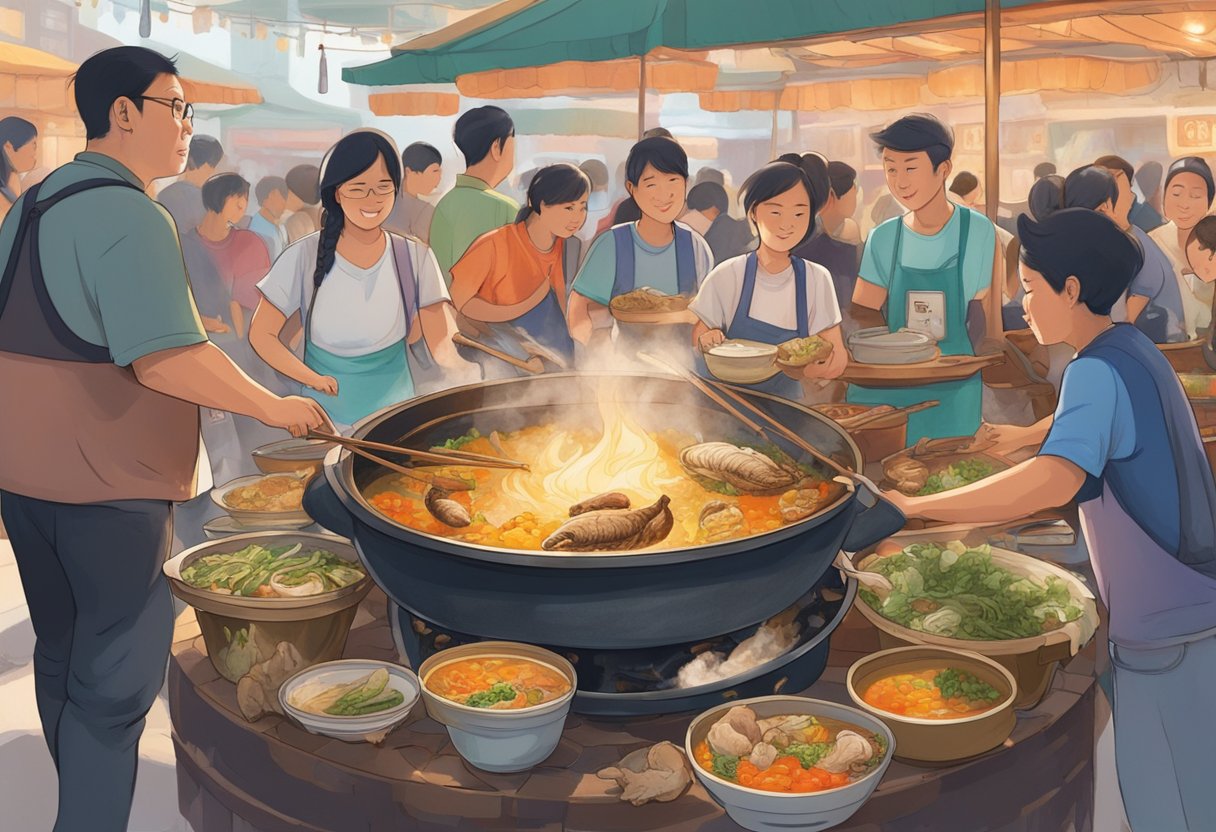 A bubbling cauldron of fragrant broth, filled with tender fish heads, fresh vegetables, and aromatic herbs, sits atop a crackling fire, surrounded by eager diners in a bustling Singaporean hawker center