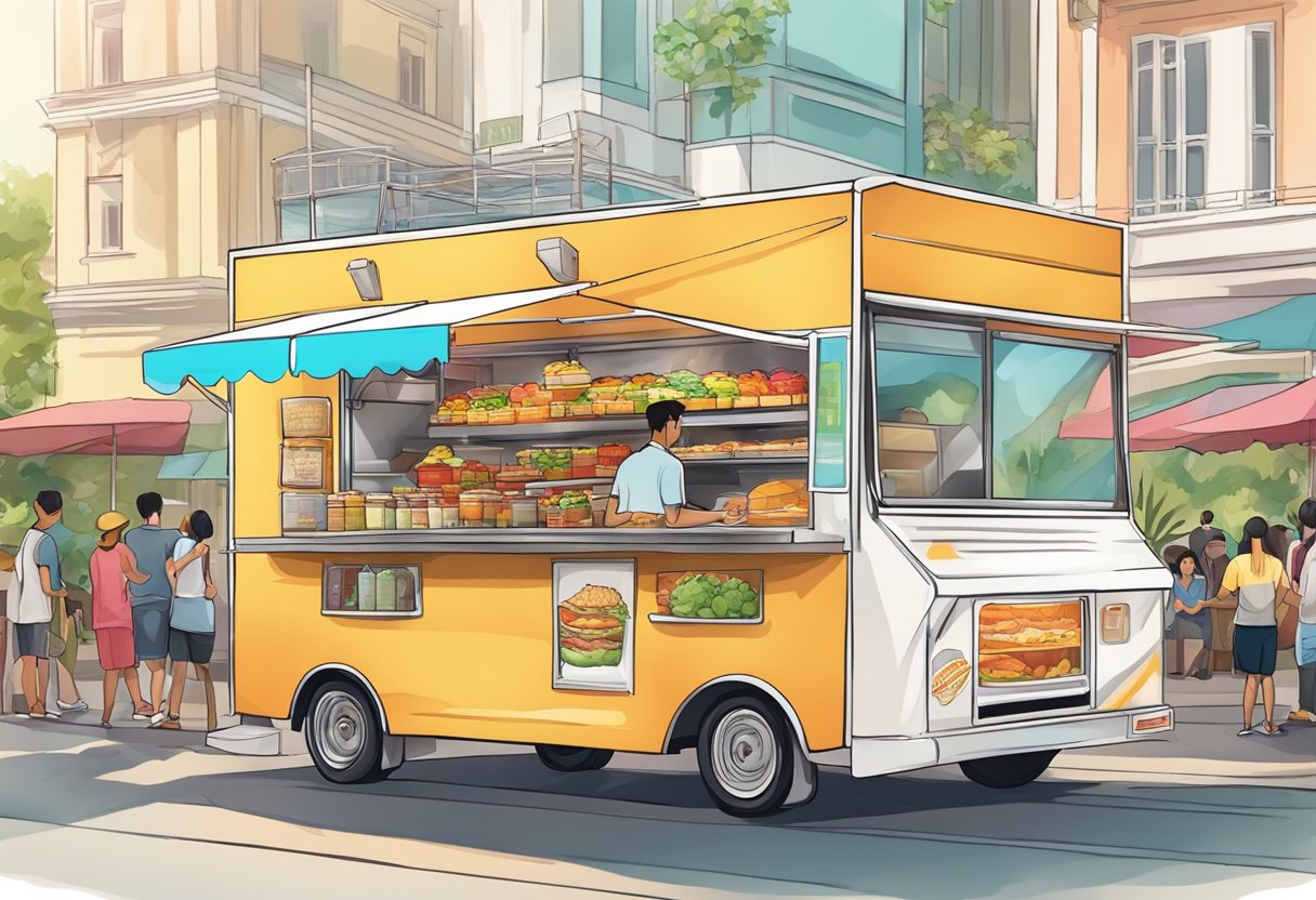 A colorful food truck in Singapore serves up a variety of delicious street food to a bustling crowd
