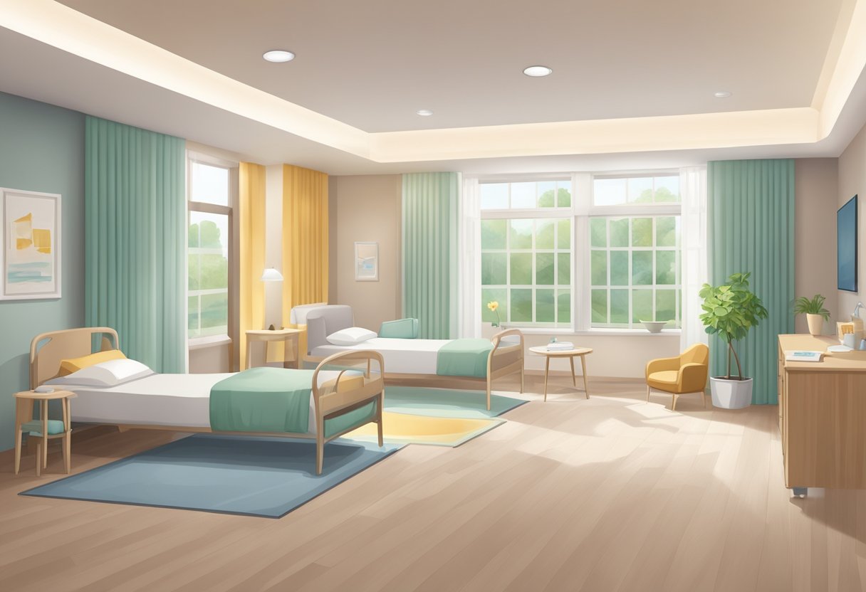 A serene and modern facility with comfortable rooms, soothing decor, and specialized amenities for postnatal care and recovery