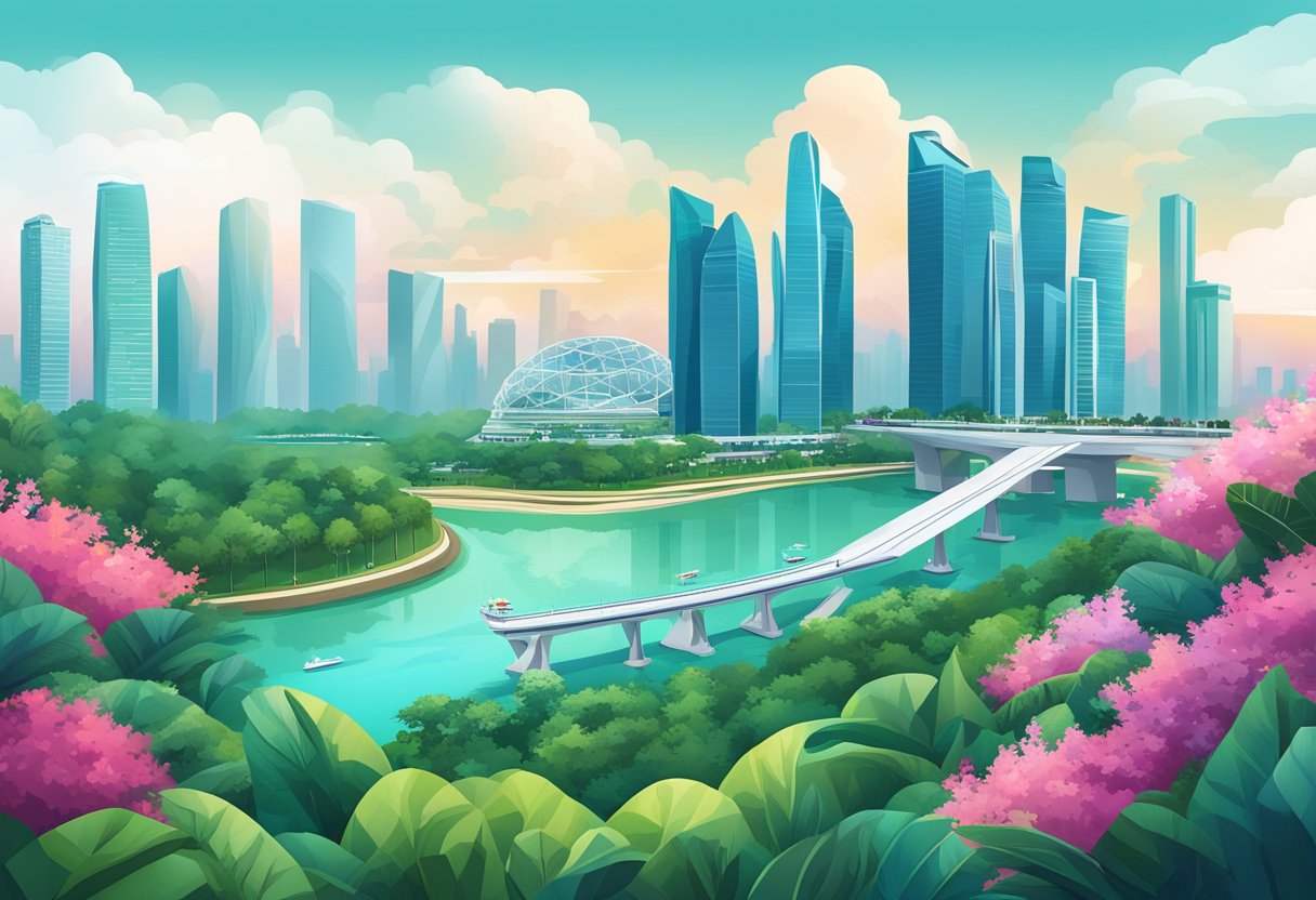 A vibrant cityscape with iconic landmarks like the Marina Bay Sands and the Singapore Flyer, surrounded by lush greenery and futuristic architecture