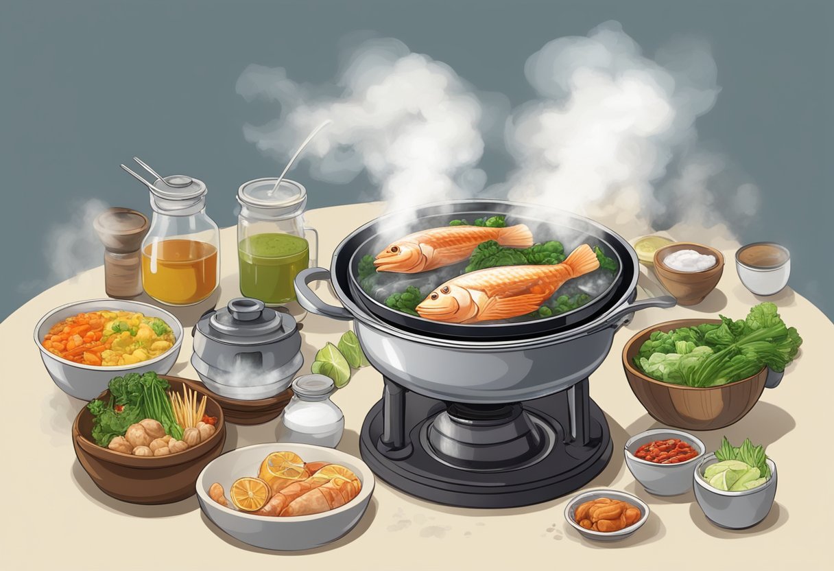 A steaming fish head steamboat sits on a table, surrounded by condiments and ingredients. Steam rises from the bubbling broth as the aroma fills the air