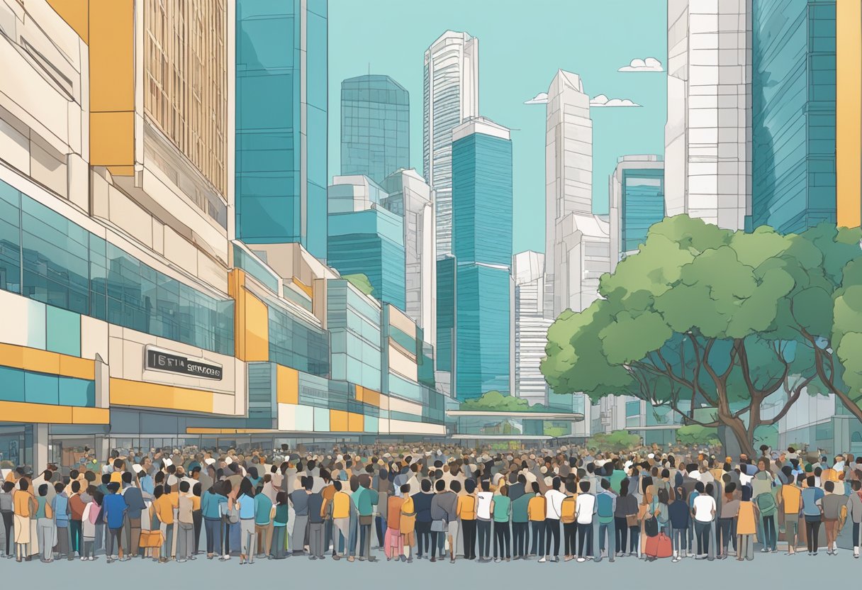 A bustling cityscape with iconic Singapore landmarks in the background, a crowd of people lining up to ask questions at the CDP Singapore office