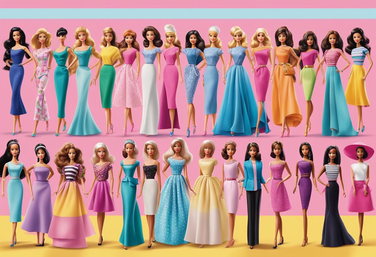 Barbie dolls displayed in chronological order, from the original 1959 doll to the latest modern versions, in a vibrant Singaporean setting