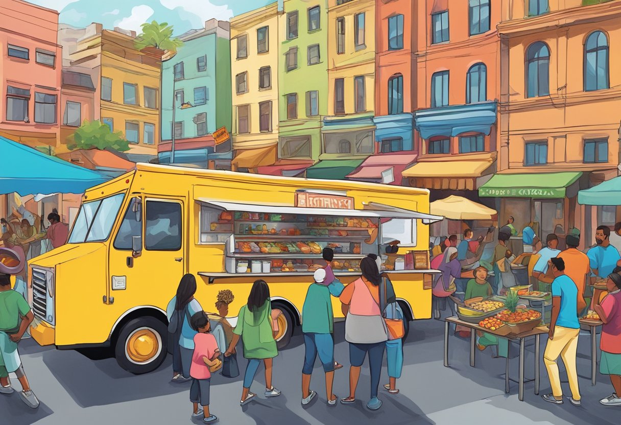 Colorful food trucks line a bustling street, with tantalizing aromas wafting through the air. Customers eagerly sample a variety of international cuisines while enjoying live music and vibrant street art