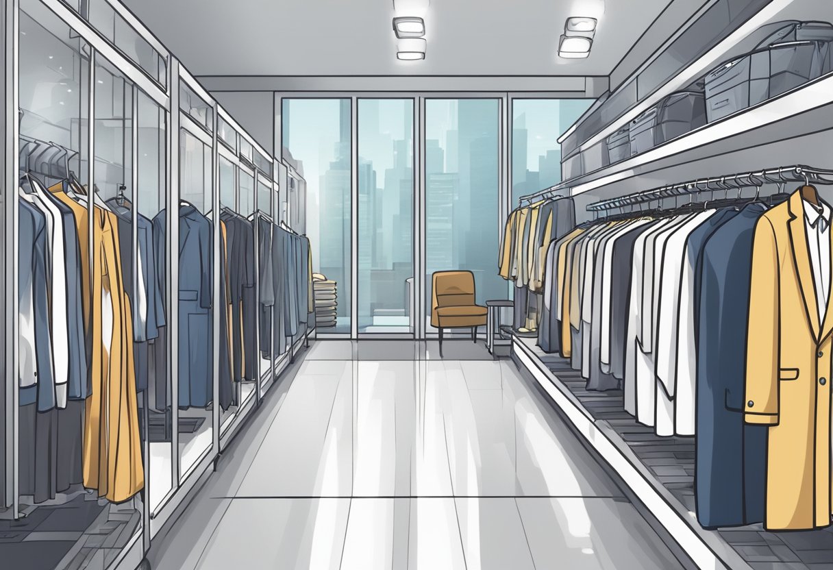 A modern dry cleaning store in Singapore with rows of machines and racks of clothes. Bright lighting and a clean, organized space