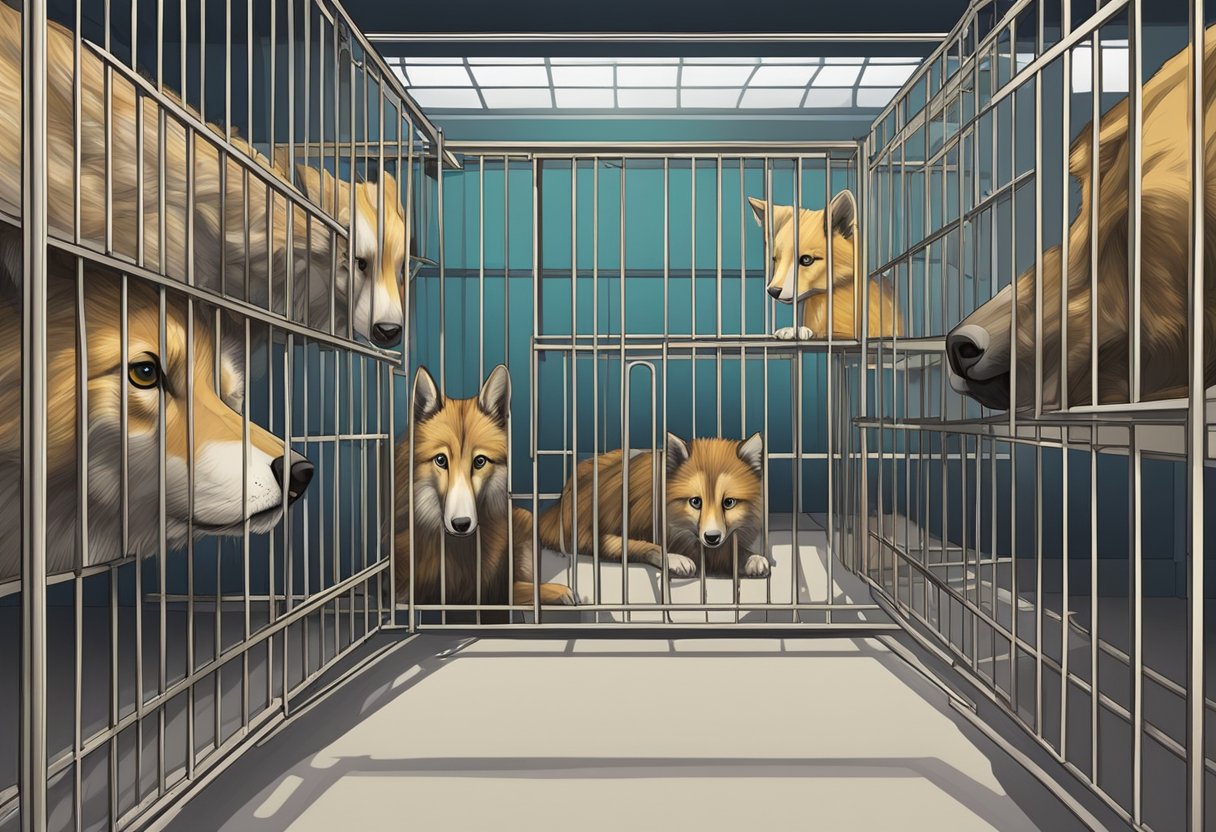 Animals in cages at a shelter, awaiting adoption