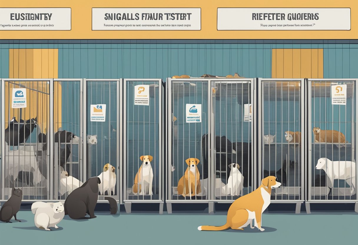 Animals waiting in cages at a bustling animal shelter in Singapore. Signage with "Frequently Asked Questions" displayed prominently
