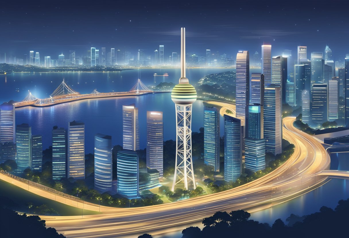 An FM radio tower stands tall against the city skyline of Singapore, with the bright lights of the urban landscape twinkling in the background