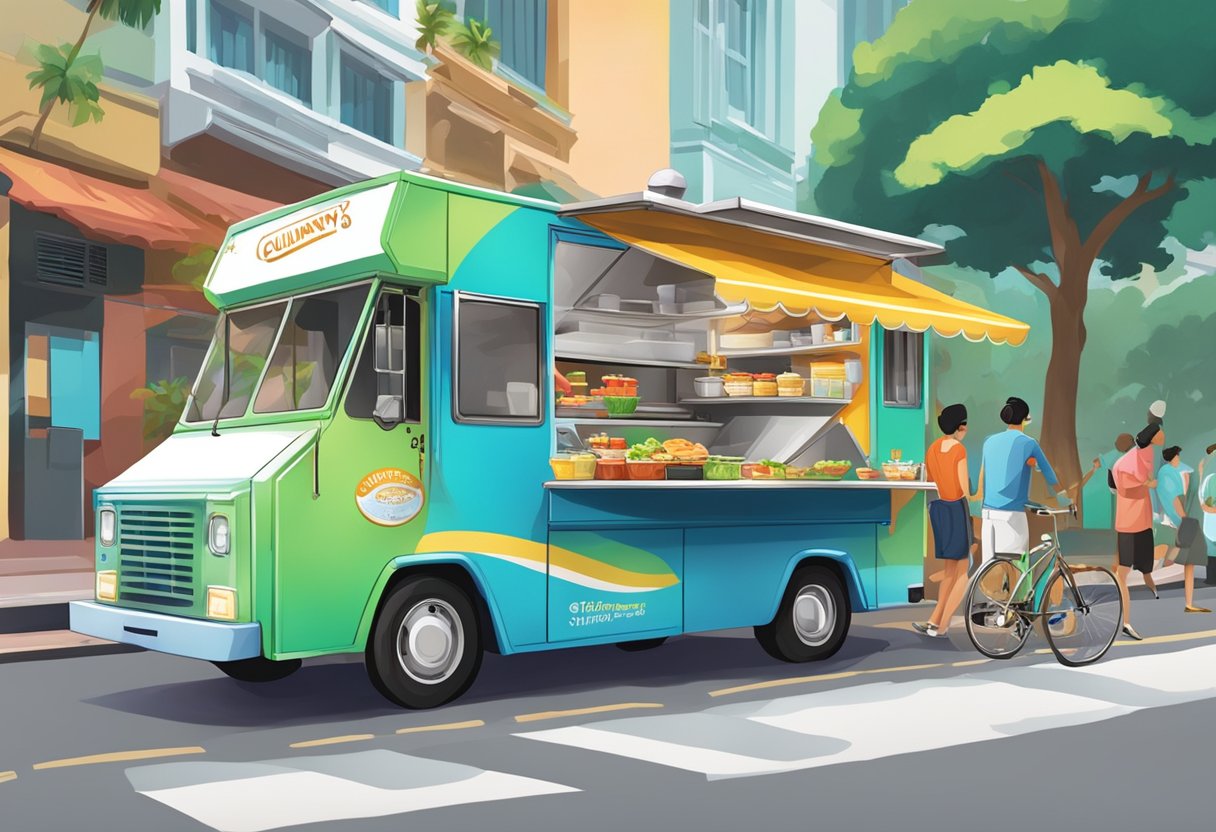 A colorful food truck with "Culinary Innovations and Specialties" signage, serving up diverse and tantalizing dishes in the bustling streets of Singapore