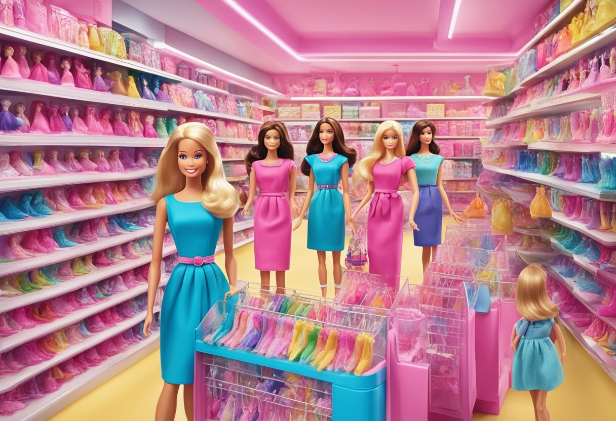 A colorful display of Barbie dolls with a "Frequently Asked Questions" sign in a Singaporean toy store
