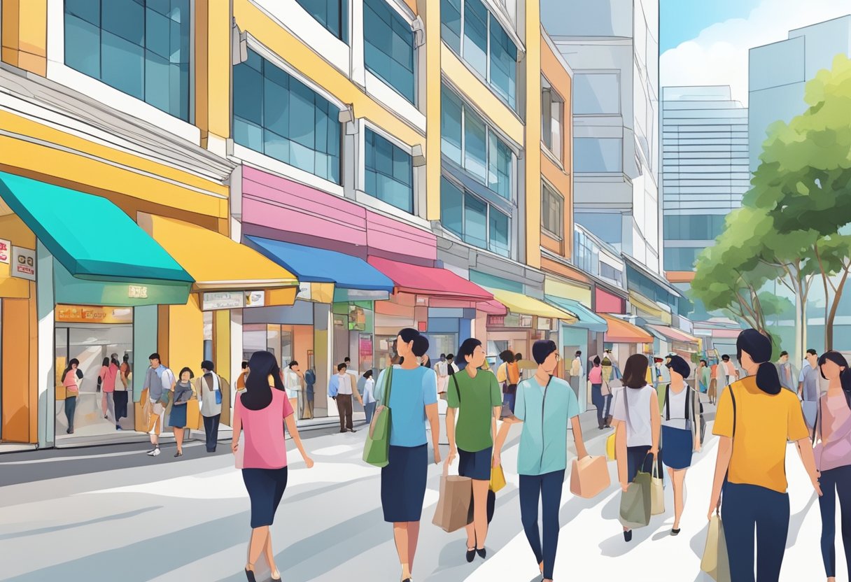 A bustling street in Singapore's Beauty World Centre, with shops and people going about their day
