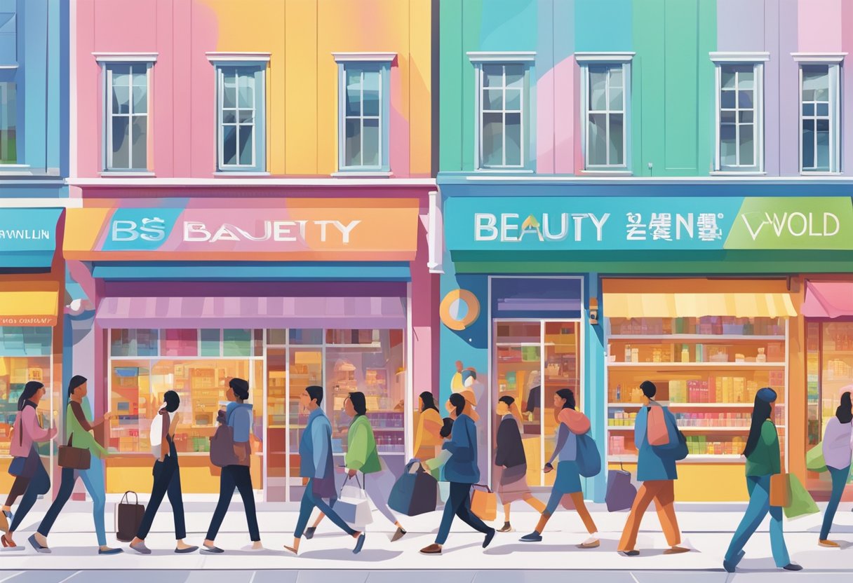 People walking past colorful storefronts at Beauty World Centre, with vibrant signs and bustling activity