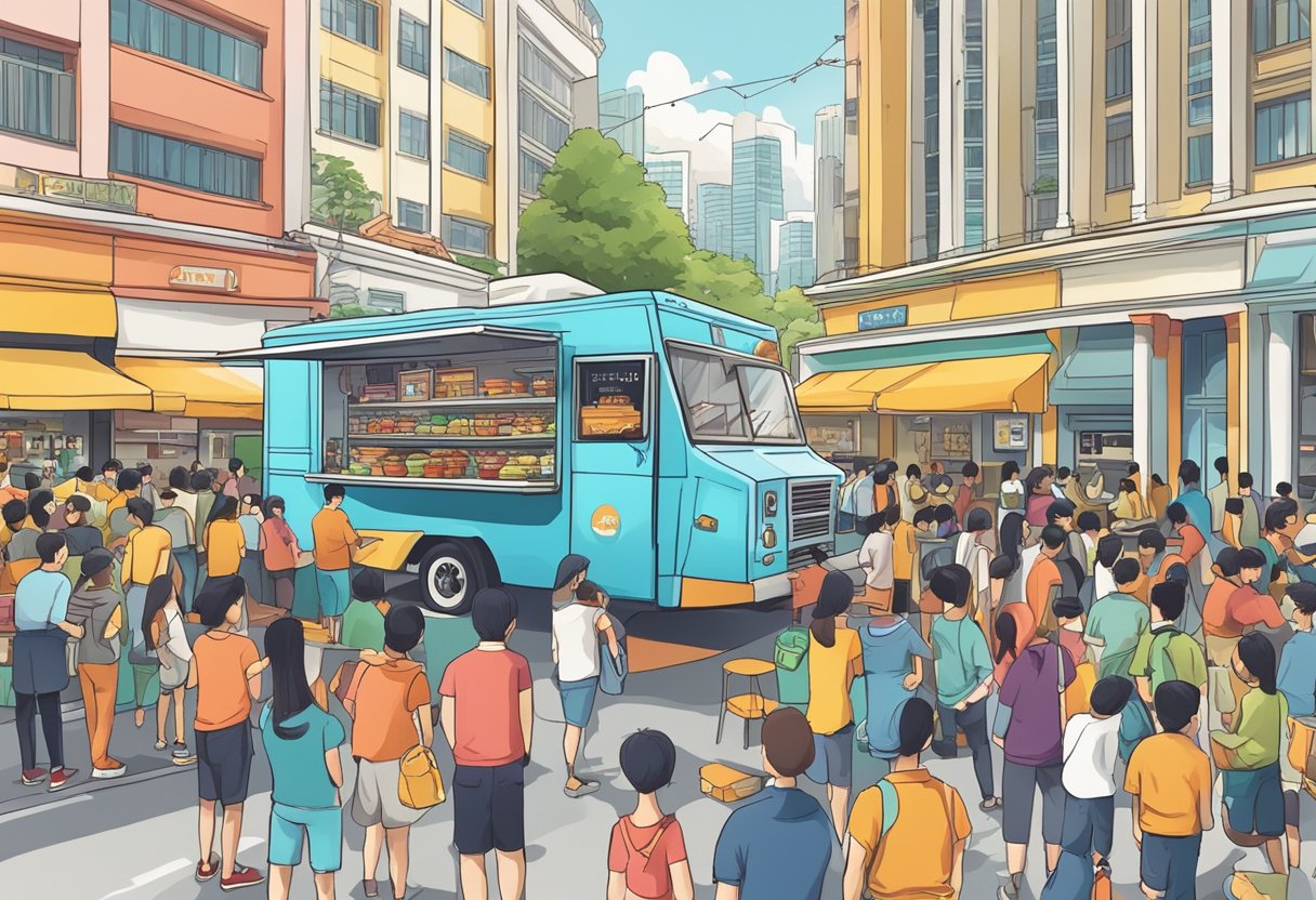 A colorful food truck surrounded by a bustling crowd in Singapore, with a sign reading "Frequently Asked Questions" displayed prominently
