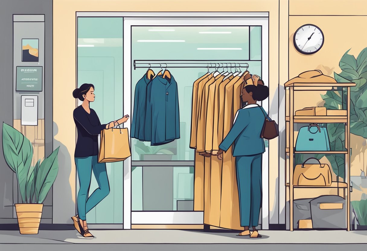 A customer dropping off clothes at a modern dry cleaning store, with a friendly staff member offering complementary services and benefits