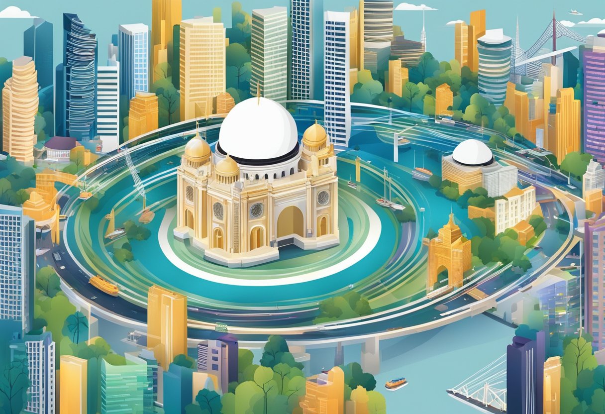 A bustling cityscape with iconic buildings and landmarks, surrounded by a network of radio waves transmitting from various FM radio stations in Singapore