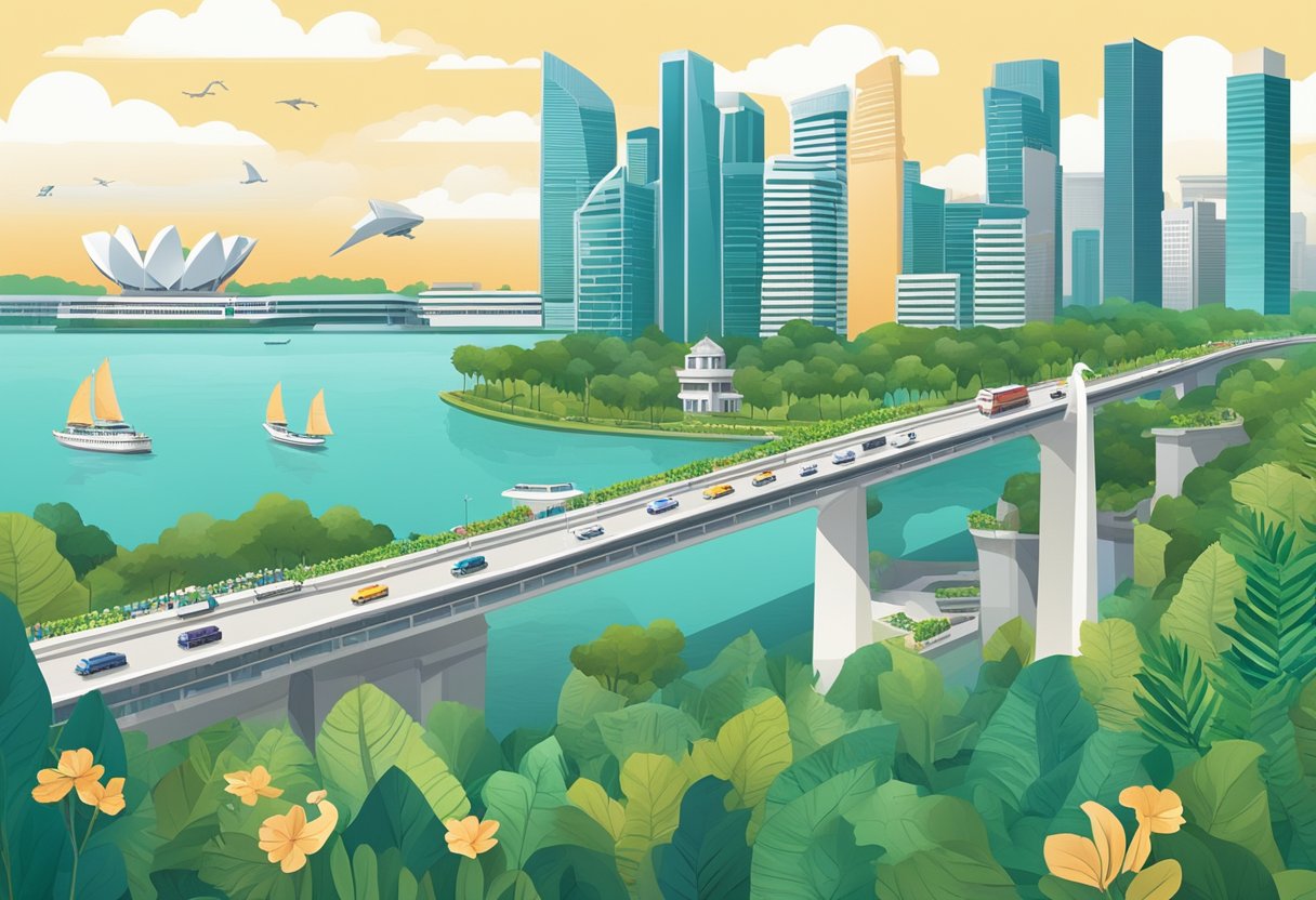 Busy streets of Singapore, with iconic landmarks like Marina Bay Sands and the Merlion statue, surrounded by modern skyscrapers and lush greenery