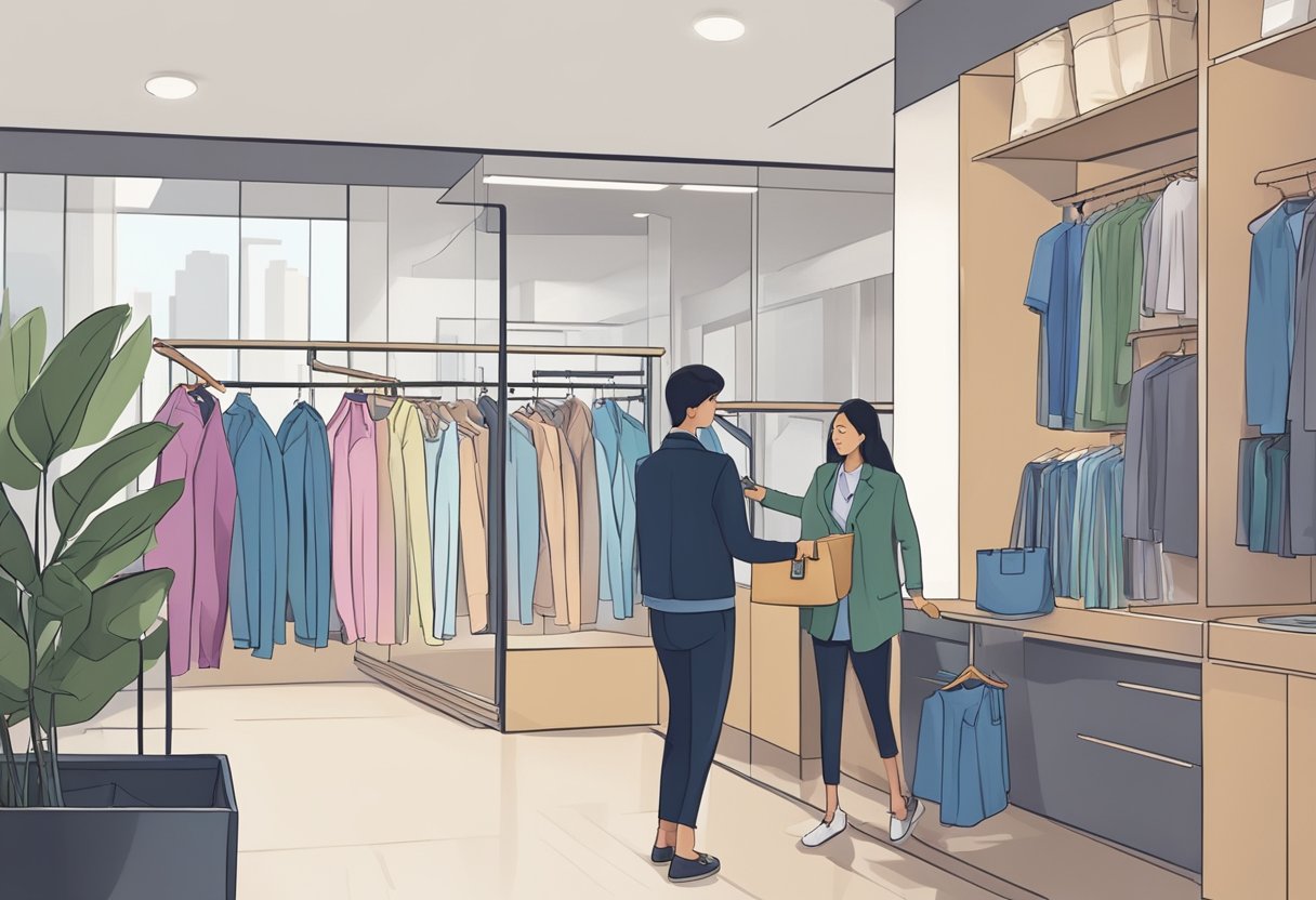 A customer dropping off clothes at a clean, modern dry cleaning shop in Singapore, with a helpful staff member ready to assist
