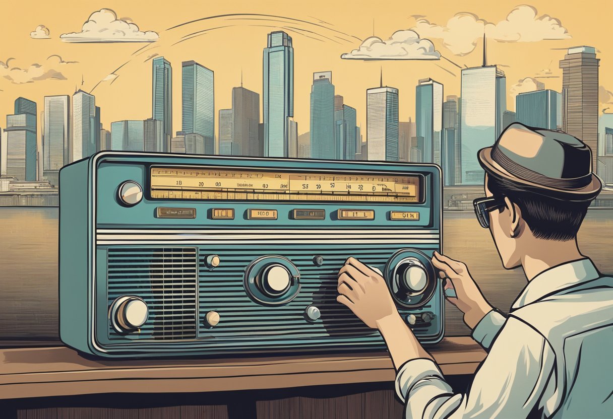 A person turns the dial on a vintage radio, tuning in to FM Radio Singapore with a city skyline in the background