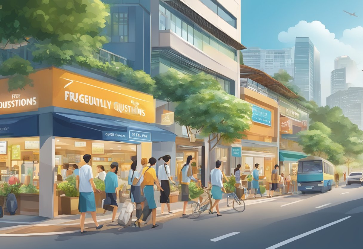A bustling street scene with a prominent sign for "Frequently Asked Questions" at 144 Upper Bukit Timah Rd, Beauty World Centre, Singapore 588177