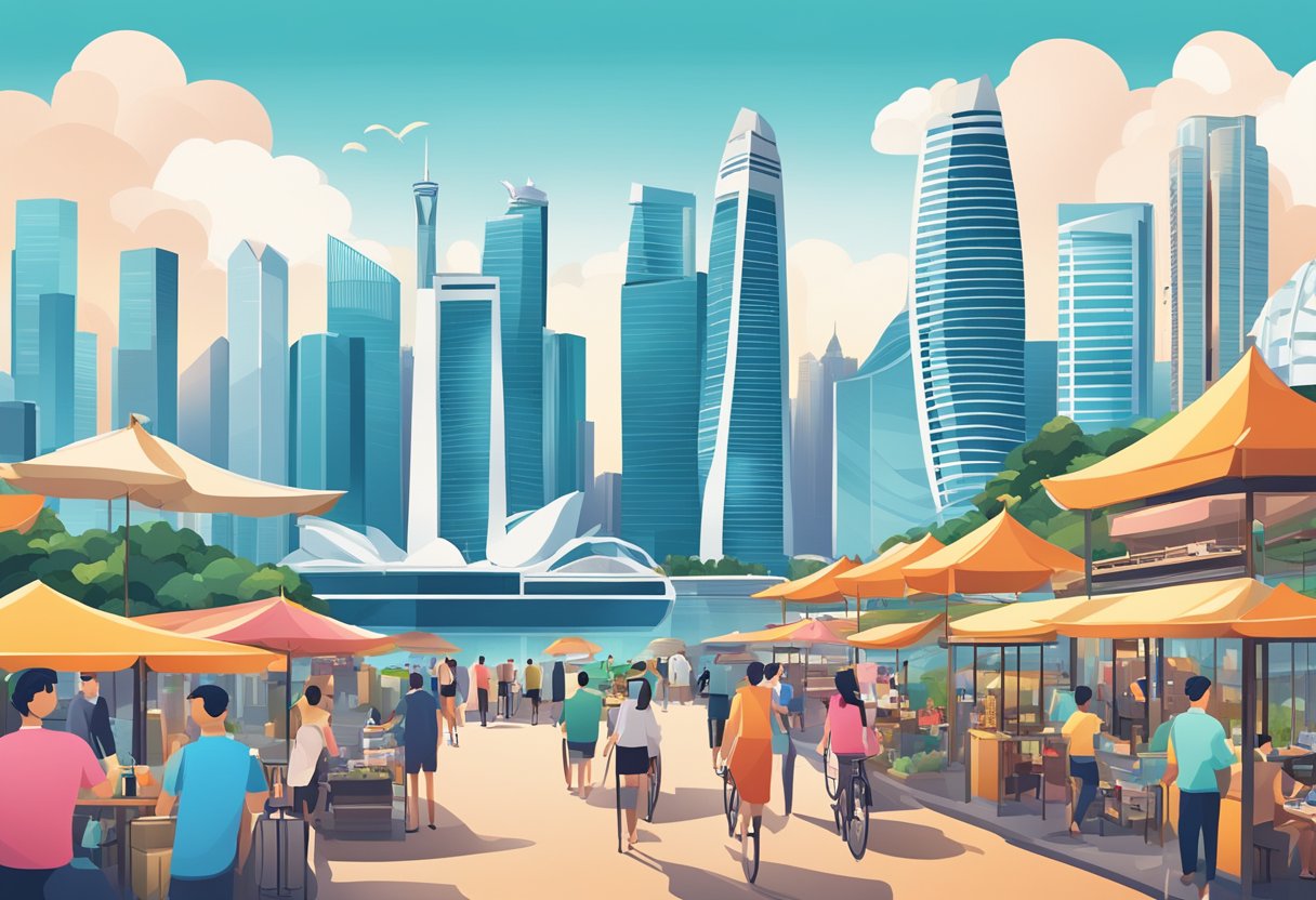 A bustling city skyline with iconic landmarks like the Marina Bay Sands and the Singapore Flyer, surrounded by luxury hotels and vibrant street markets