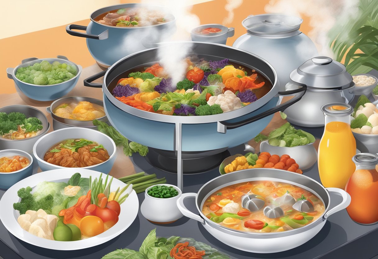 Steam rises from bubbling hotpots at a Singapore buffet, surrounded by an array of fresh ingredients and condiments