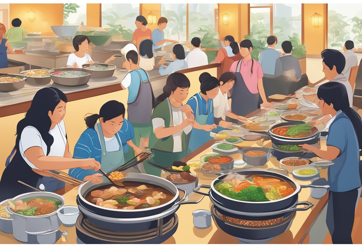 Diners enjoying a variety of hotpot ingredients at a bustling Singapore buffet restaurant. Steam rises from bubbling pots as patrons chat and savor the interactive dining experience