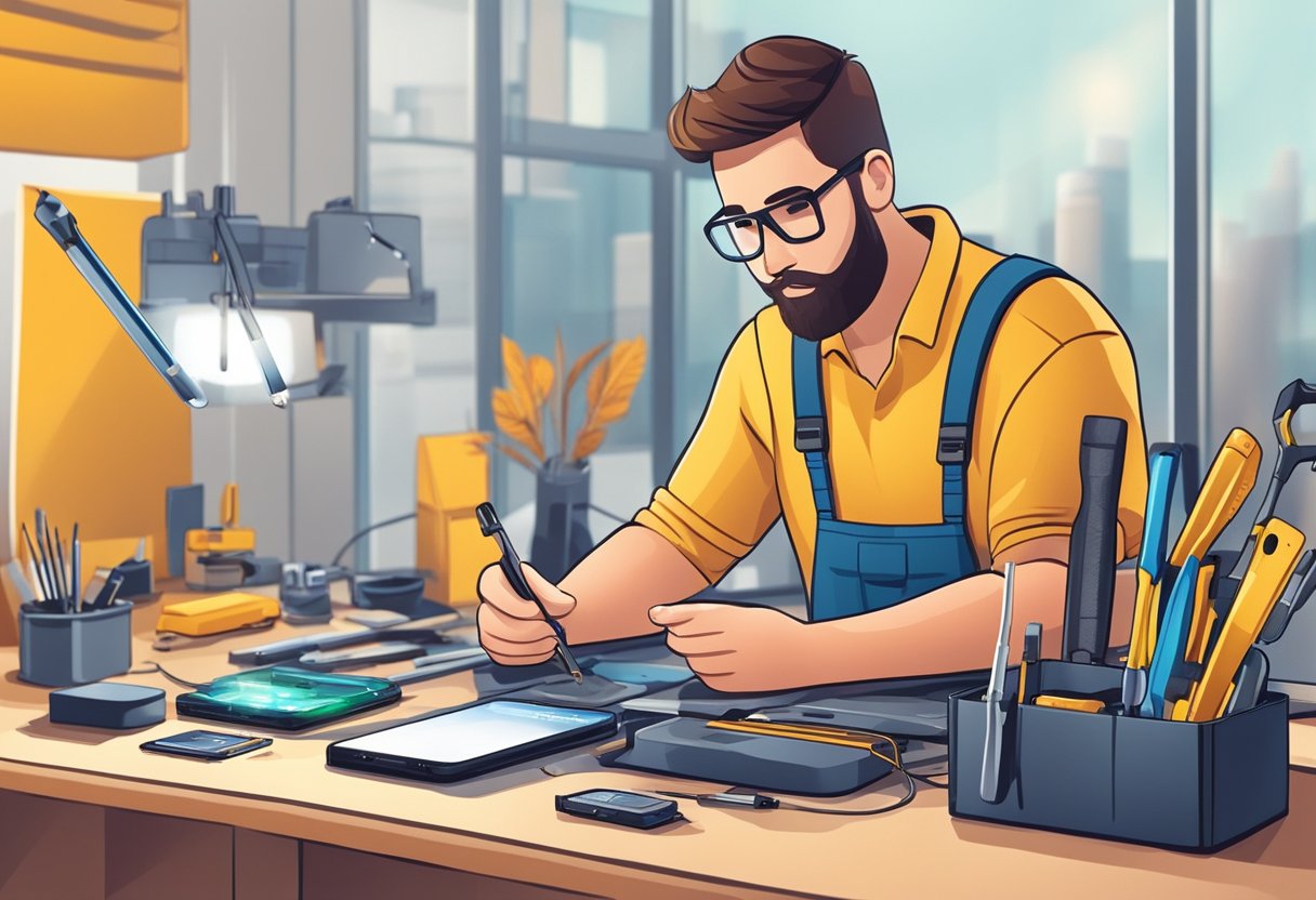 A technician replaces an iPhone battery with precision tools and a new battery in a well-lit, organized workspace