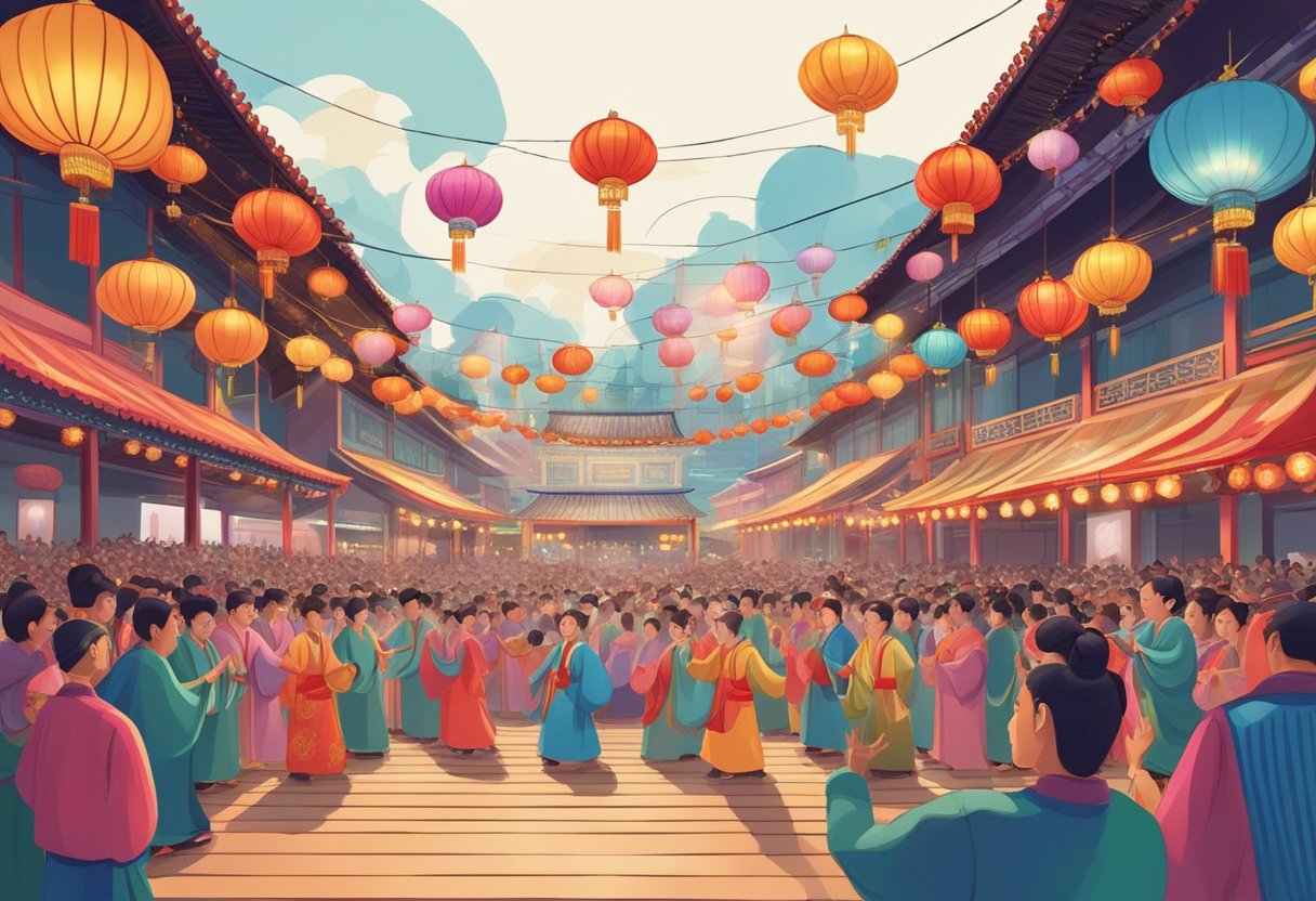 A colorful stage with bright lights and traditional Chinese opera singers performing at a lively getai festival in Singapore