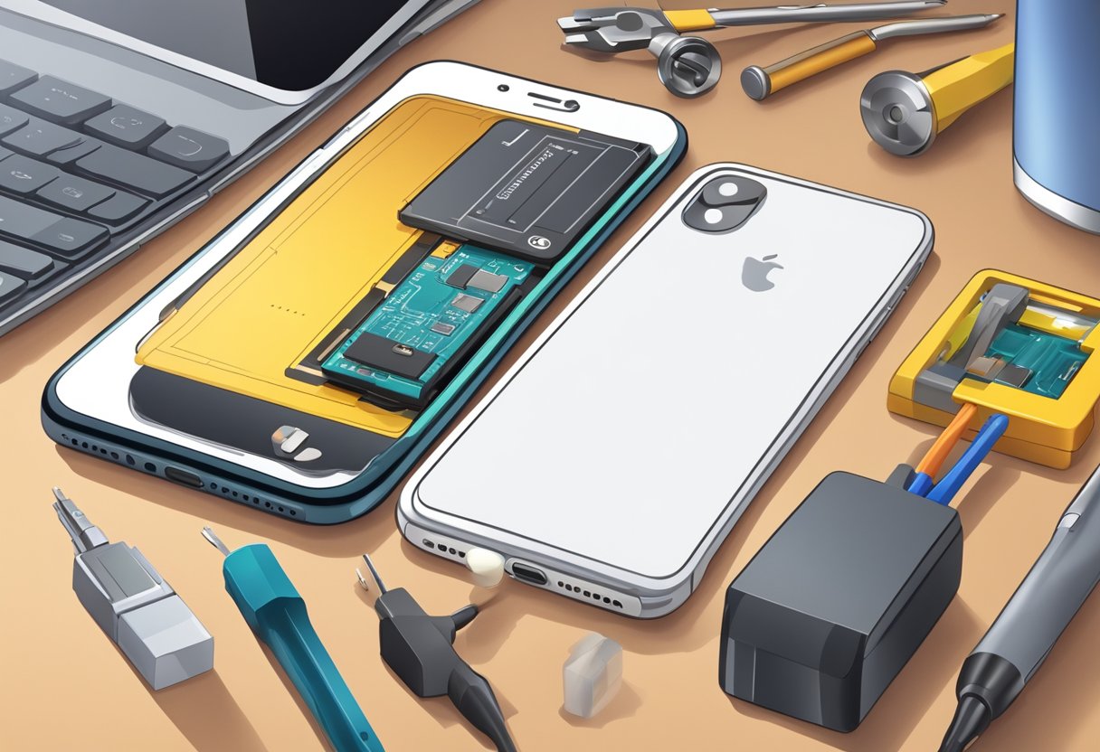An iPhone being placed on a technician's desk, with a new battery and tools nearby