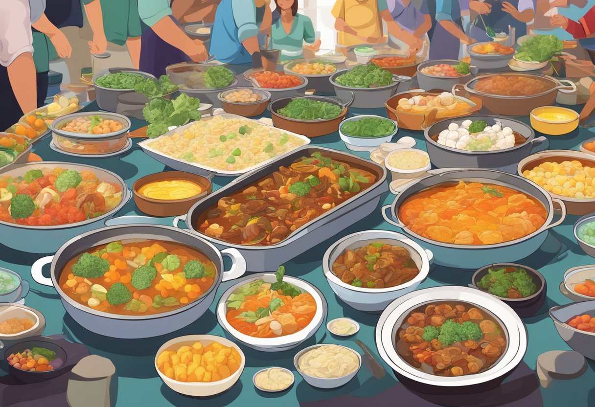 A table filled with various raw ingredients and bubbling hotpots, surrounded by eager diners at a lively buffet restaurant