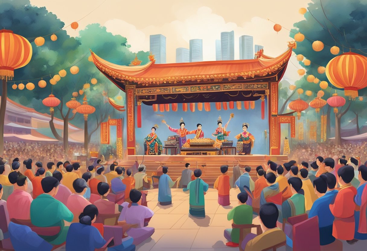 A colorful getai stage with traditional Chinese opera props and instruments, surrounded by a lively audience, showcasing the cultural significance and historical importance of getai in Singapore