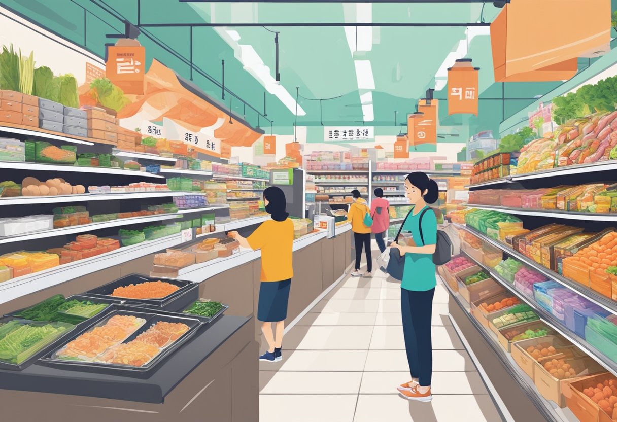A bustling Korean mart in Singapore, with colorful shelves stocked with kimchi, ramen, and other Korean delicacies. Customers browse the aisles, while a friendly cashier rings up purchases at the counter