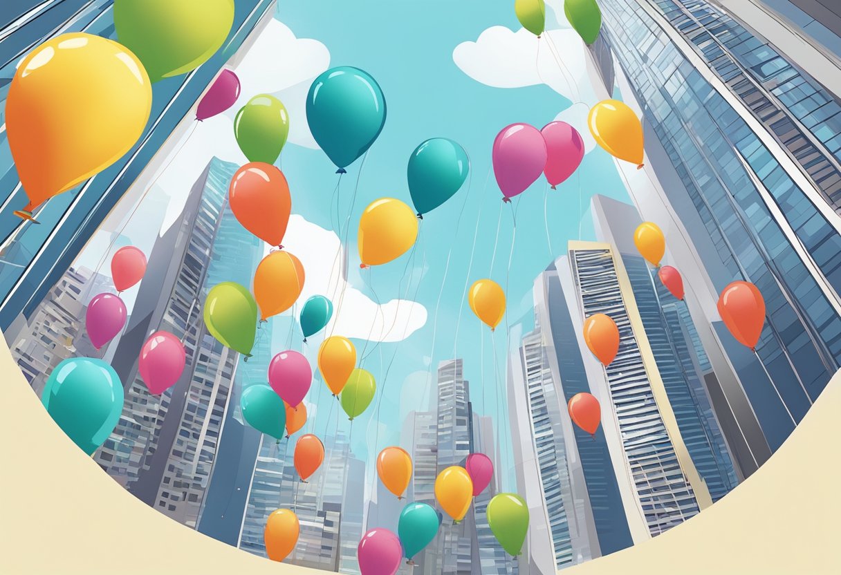 Colorful balloons float above a Singaporean cityscape, carried by a delivery drone. A birthday message is attached to the balloons