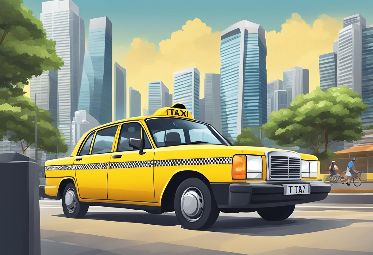 A yellow taxi pulls up to a curb in Singapore, with the city skyline in the background