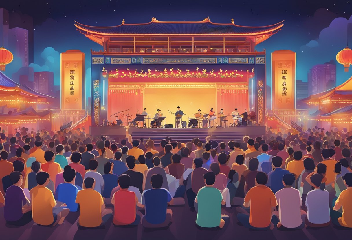 A colorful stage with traditional Chinese instruments, bright lights, and a lively crowd at a contemporary getai performance in Singapore