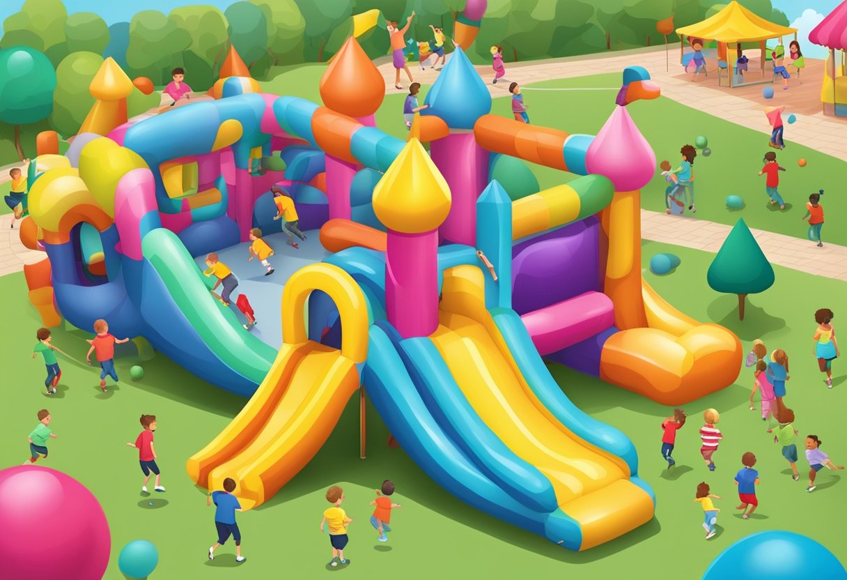 Colorful bouncy castles and play areas fill the outdoor space, with kids bouncing and playing joyfully