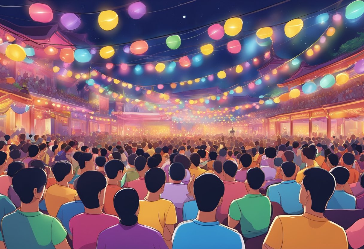 A colorful getai stage with vibrant lights and a large crowd of audience enjoying a lively performance in Singapore