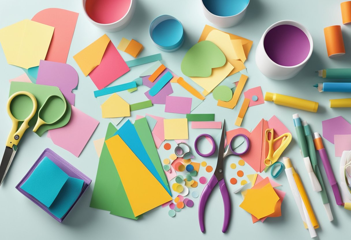 A table scattered with colorful craft templates from Better Homes & Gardens. Scissors, glue, and markers lay nearby, ready for use