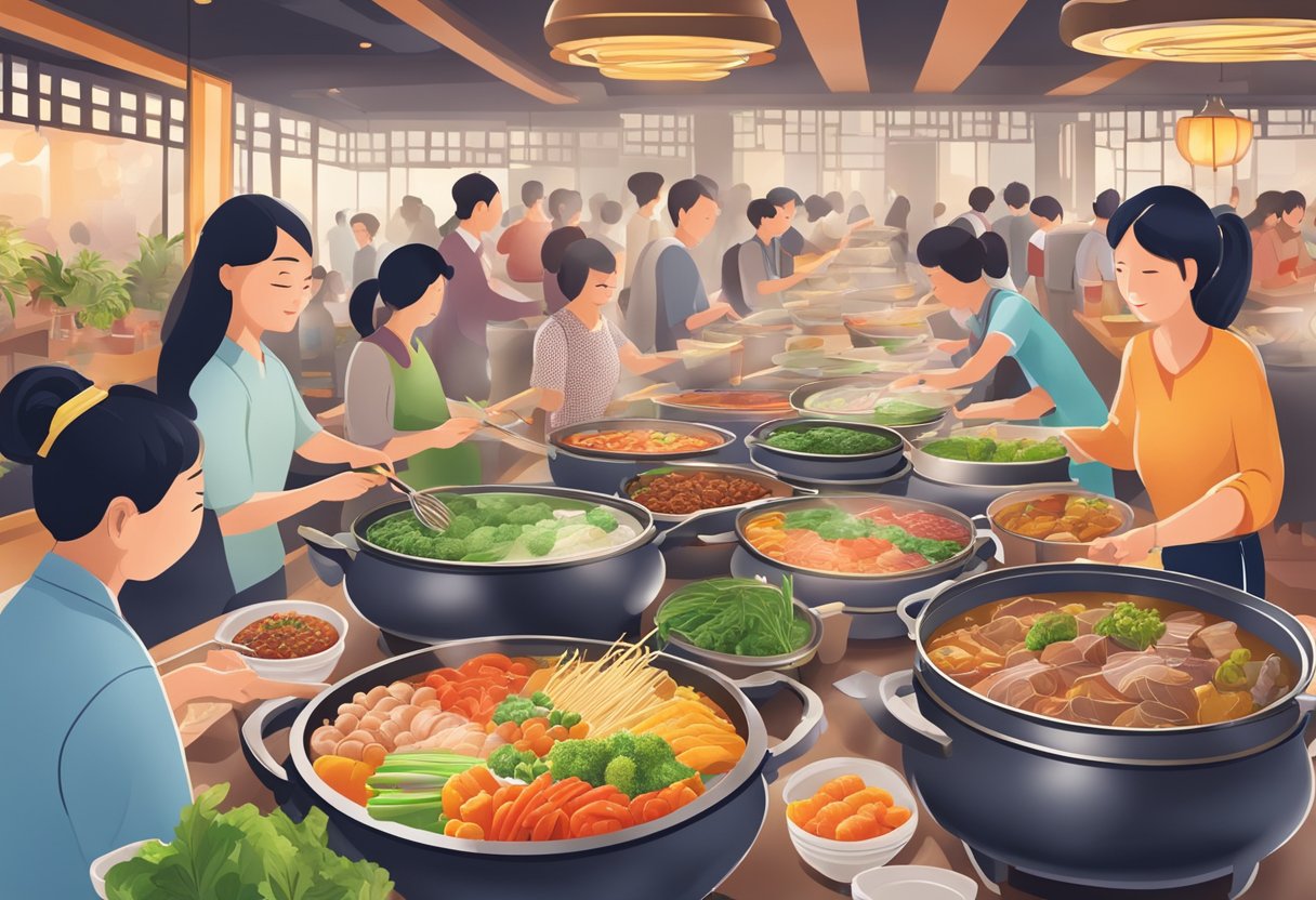 A bustling hotpot buffet in Singapore with steaming pots, colorful ingredients, and customers eagerly filling their plates