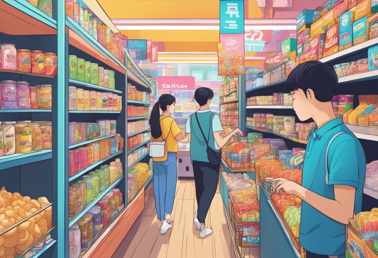 Customers browsing shelves of Korean snacks and drinks in a vibrant, bustling mart in Singapore. K-pop music plays in the background